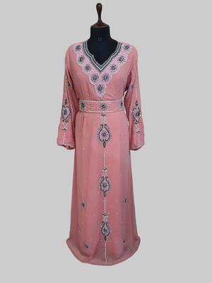 Peach color Handmade Moroccan Kaftan with hijjab 1