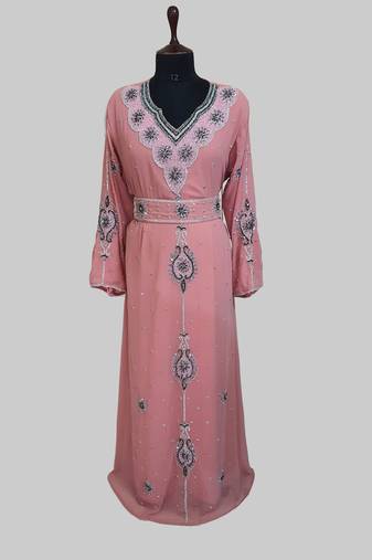 Peach color luxurious Handmade Moroccan Kaftan with hijjab