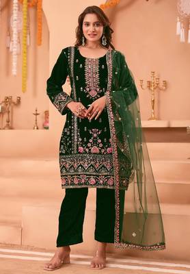 Green velvet embroidery work wedding wear salwar suit 1