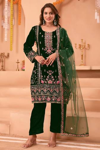 Green color velvet embroidery work wedding wear salwar suit