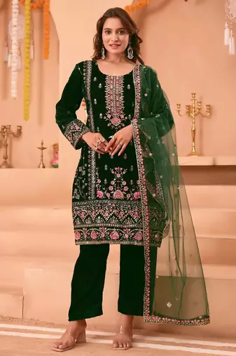 Green color velvet embroidery work wedding wear salwar suit