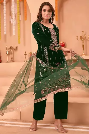 Green velvet embroidery work wedding wear salwar suit