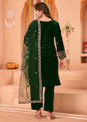 Green velvet embroidery work wedding wear salwar suit 4
