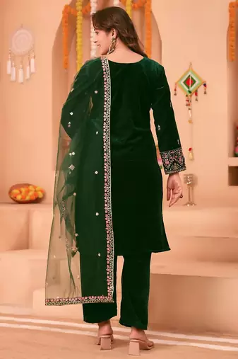 Green velvet embroidery work wedding wear salwar suit