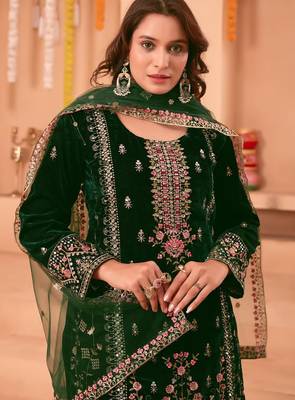 Green velvet embroidery work wedding wear salwar suit 5