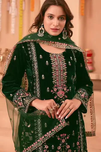 Green velvet embroidery work wedding wear salwar suit
