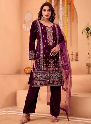 Purple velvet embroidery work wedding wear salwar suit 1