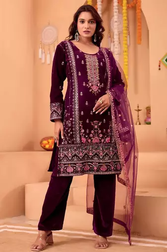 Purple color velvet embroidery work wedding wear salwar suit