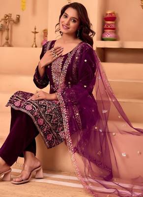 Purple velvet embroidery work wedding wear salwar suit 3