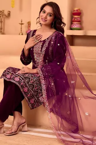 Purple velvet embroidery work wedding wear salwar suit