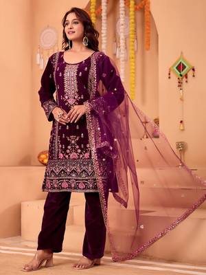 Purple velvet embroidery work wedding wear salwar suit 4