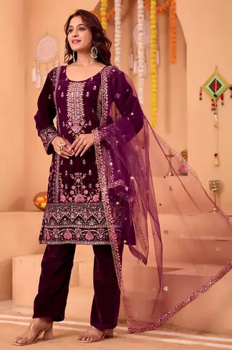 Purple velvet embroidery work wedding wear salwar suit