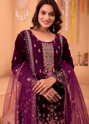 Purple velvet embroidery work wedding wear salwar suit 5