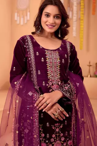 Purple velvet embroidery work wedding wear salwar suit