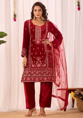 Red velvet embroidery work wedding wear salwar suit 1