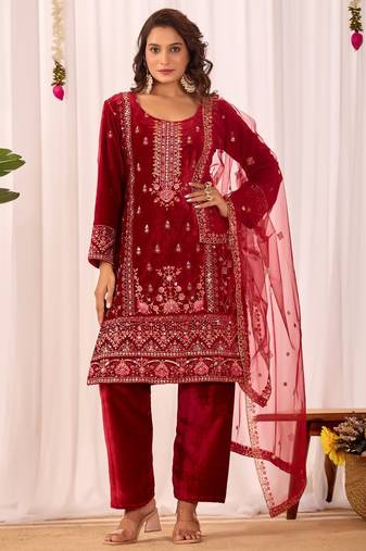 Red color velvet embroidery work wedding wear salwar suit