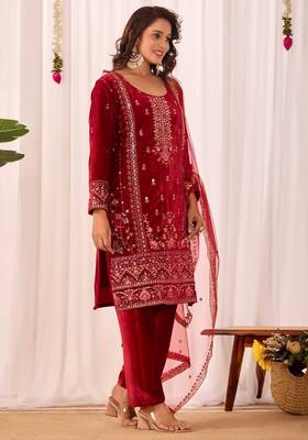 Red velvet embroidery work wedding wear salwar suit 3