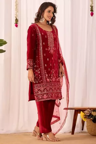 Red velvet embroidery work wedding wear salwar suit