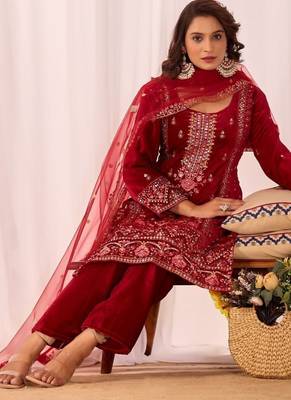 Red velvet embroidery work wedding wear salwar suit 4