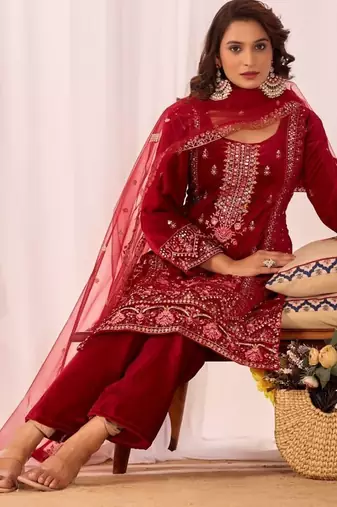 Red velvet embroidery work wedding wear salwar suit