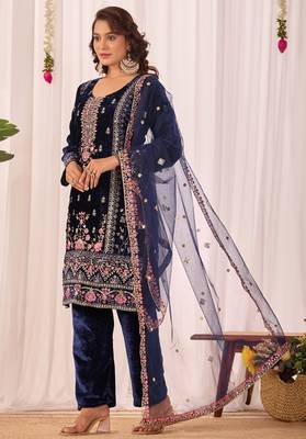 Blue velvet embroidery work wedding wear salwar suit 1