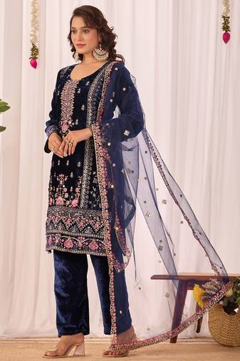 Blue color velvet embroidery work wedding wear salwar suit