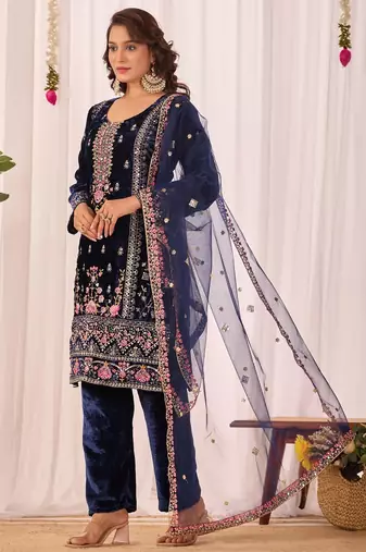 Blue color velvet embroidery work wedding wear salwar suit