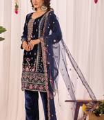 Blue color velvet embroidery work wedding wear salwar suit