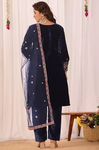 Blue velvet embroidery work wedding wear salwar suit