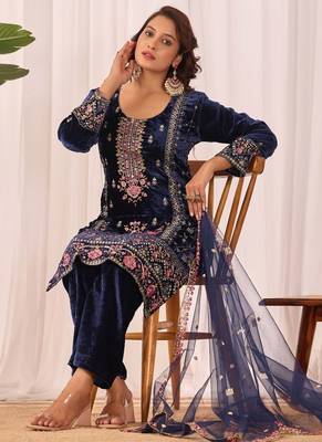 Blue velvet embroidery work wedding wear salwar suit 4