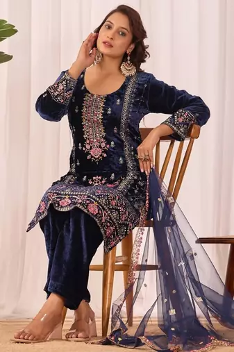 Blue velvet embroidery work wedding wear salwar suit