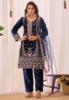 Blue velvet embroidery work wedding wear salwar suit 5