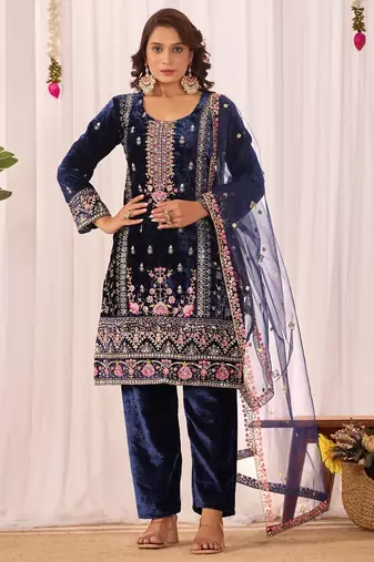 Blue velvet embroidery work wedding wear salwar suit