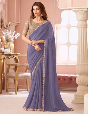 Light indigo georgette saree with heavy embroidered blouse and designer lace border  for weddings, festive 1