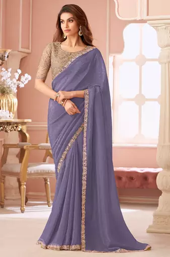 Light indigo georgette saree with heavy embroidered blouse and designer lace border  for weddings, festive