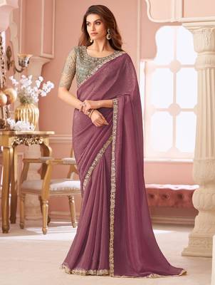 Wine georgette saree with heavy embroidered blouse and designer lace border  for weddings, festive, special occasions 1