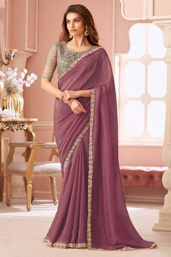 Wine georgette saree with heavy embroidered blouse and designer lace border  for weddings, festive, special occasions