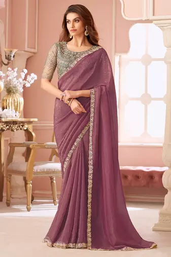 Wine georgette saree with heavy embroidered blouse and designer lace border  for weddings, festive, special occasions