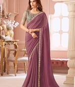 Wine georgette saree with heavy embroidered blouse and designer lace border  for weddings, festive, special occasions