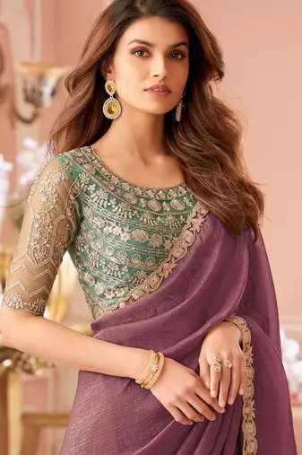 Wine georgette saree with heavy embroidered blouse and designer lace border  for weddings, festive, special occasions