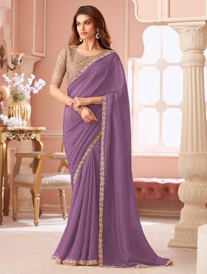 Light purple georgette saree with heavy embroidered blouse and designer lace border  for weddings & special occasions 1