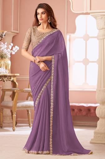 Light purple georgette saree with heavy embroidered blouse and designer lace border  for weddings & special occasions