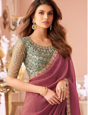 Dark pink georgette saree with heavy embroidered blouse and designer lace border  for weddings & special occasions 2