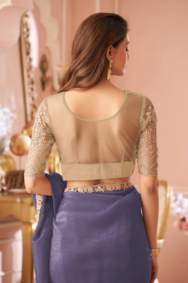 Light indigo georgette saree with heavy embroidered blouse and designer lace border  for weddings, festive 3