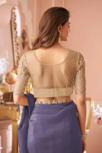 Light indigo georgette saree with heavy embroidered blouse and designer lace border  for weddings, festive