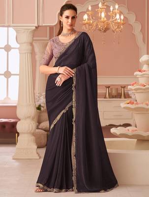 Dark wine georgette saree with heavy embroidered blouse and designer lace border  for weddings & special occasions 1