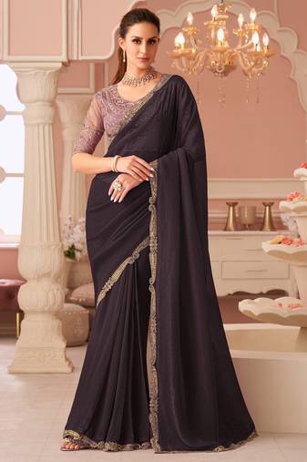 Dark wine georgette saree with heavy embroidered blouse and designer lace border  for weddings & special occasions