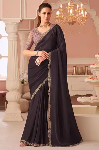 Dark wine georgette saree with heavy embroidered blouse and designer lace border  for weddings & special occasions