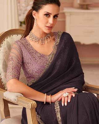 Dark wine georgette saree with heavy embroidered blouse and designer lace border  for weddings & special occasions 2