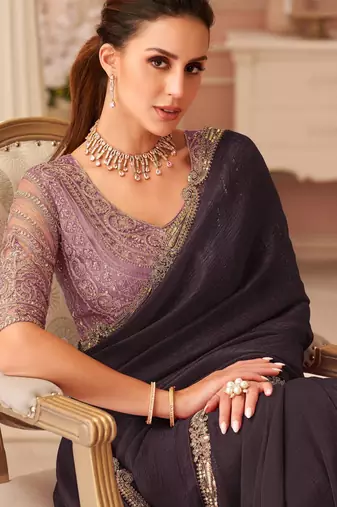 Dark wine georgette saree with heavy embroidered blouse and designer lace border  for weddings & special occasions